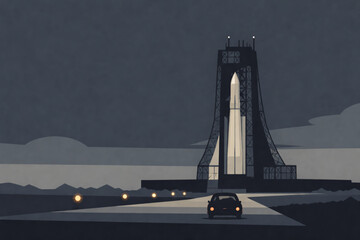 A powerful rocket stands ready for launch at a futuristic spaceport with a car approaching. © RoadRocket007