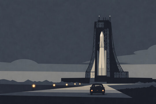 A powerful rocket stands ready for launch at a futuristic spaceport with a car approaching.