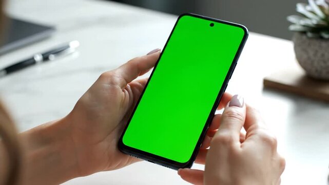 Close-up of a person holding a smartphone with a green screen display, ready for content insertion.
