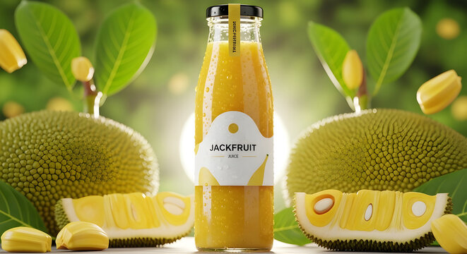 Bottle of jackfruit juice surrounded by fresh jackfruit and greenery