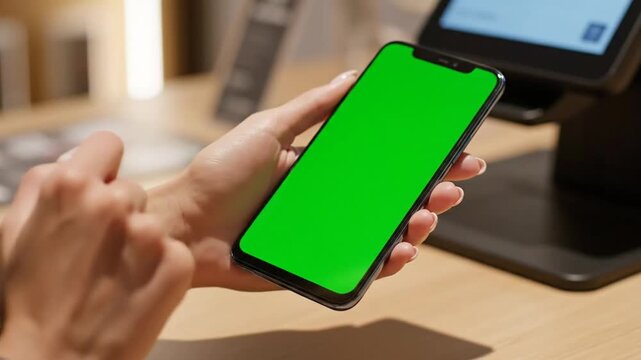 A person holding a modern smartphone with a vibrant green screen, ready for custom content display in a retail setting.