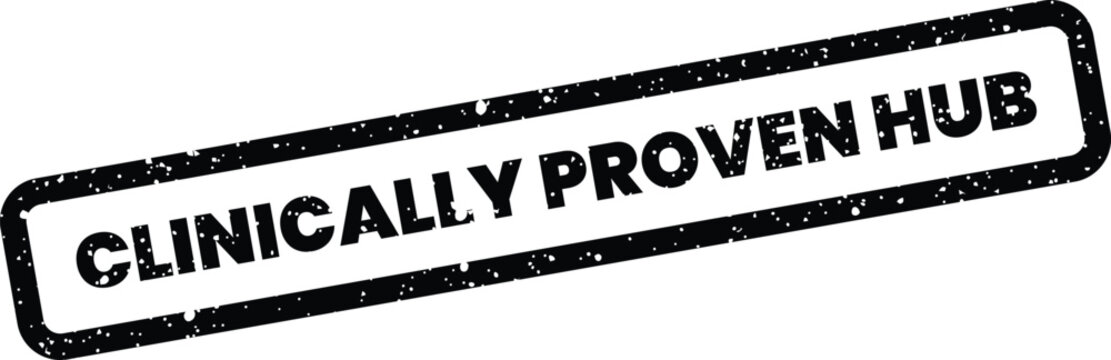 Textured rubber stamp featuring the phrase clinically proven hub for a verified central resource