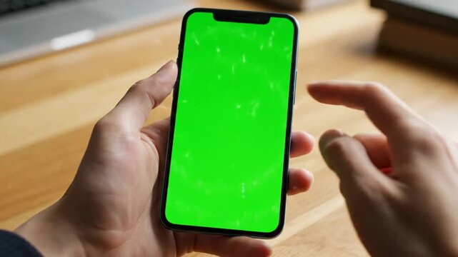Person holding a modern smartphone with a green screen, tapping on it with a finger, on a wooden desk.