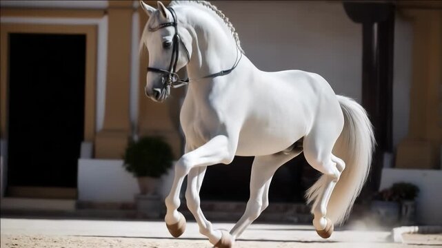 An elegant white horse trots and lifts on a sunlit street, braided mane in the bridle. Dust rises behind its powerful legs as the graceful horse moves against a warm architectural backdrop