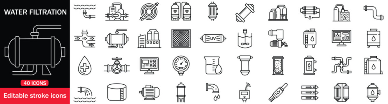 Collection of Desalination water filtration process 40 icons. Including pipline heating sublimation boiling guage  water flow etc editable stroke icons.