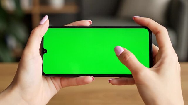 Close-up of hands holding a black smartphone horizontally with a green screen for chroma key compositing.