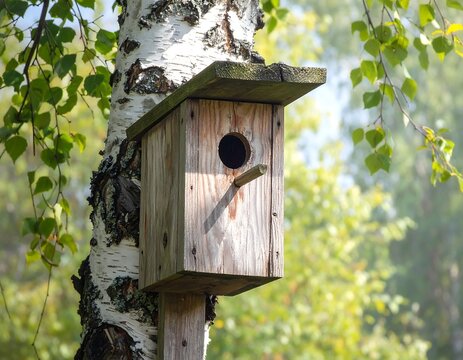 A wooden birdhouse on a tree trunk surrounded by green leaves