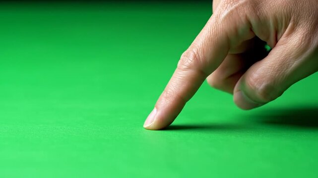 A human finger points down onto a vibrant green surface, indicating direction or touch.