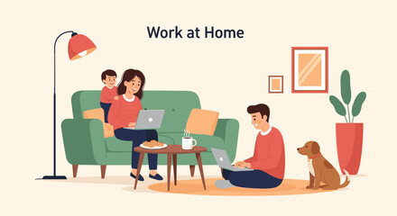 Fototapeta premium Young parents working on laptops at home while their young child plays and a brown dog sits on the floor nearby.
