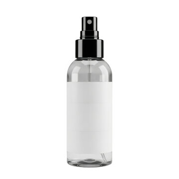 A clear plastic spray bottle with a black cap isolated on transparent background