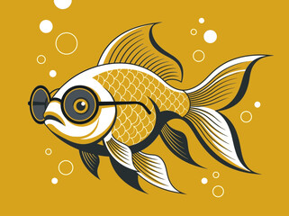 Cool Goldfish Character Wearing Round Glasses, Funny Nerd Fish Illustration, Stylized Vector Art on Yellow Background © Uprook