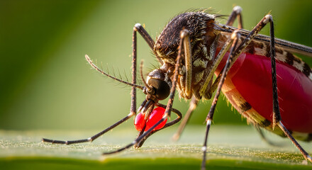 Naklejka premium Close-up of a mosquito feeding on human skin with detailed proboscis