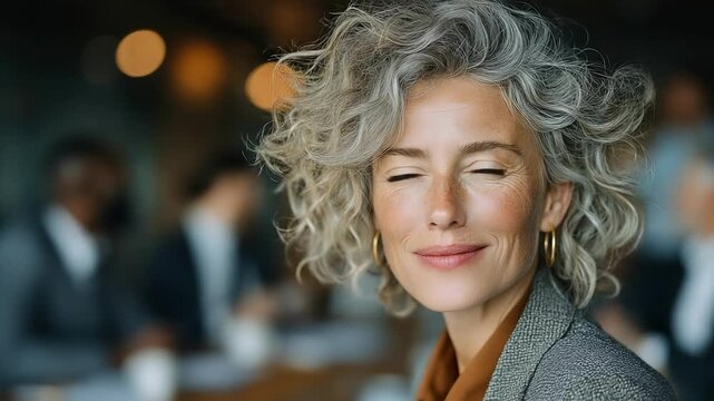 A smiling, silver-haired woman in a grey blazer sits in a softly lit social setting, looking at the camera with calm confidence