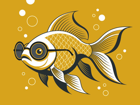 Cool Goldfish Character Wearing Round Glasses, Funny Nerd Fish Illustration, Stylized Vector Art on Yellow Background