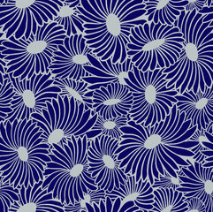Fototapeta premium blue floral seamless pattern with white mandala flowers on dark background
