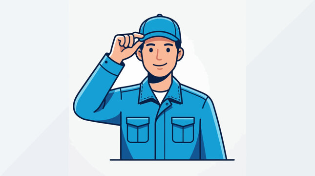 Friendly Delivery Man in Blue Uniform Tipping His Cap Vector Illustration. Professional Courier or Service Worker Character Design.