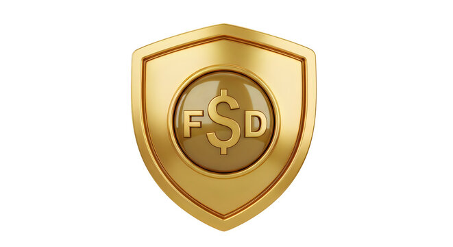 Golden shield emblem with dollar sign and fsd initials in the center isolated on white background