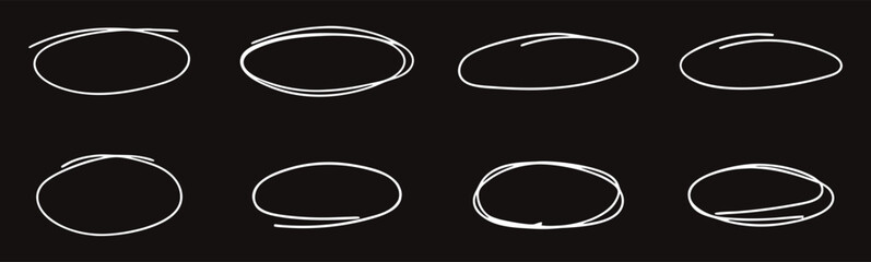 Hand drawn oval scribble circles set with sketchy marker lines on dark background. Abstract doodle frames and highlight shapes for design accents. Modern artistic outline elements collection. © Parul
