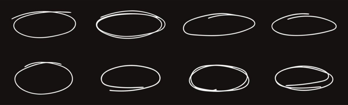 Hand drawn oval scribble circles set with sketchy marker lines on dark background. Abstract doodle frames and highlight shapes for design accents. Modern artistic outline elements collection.