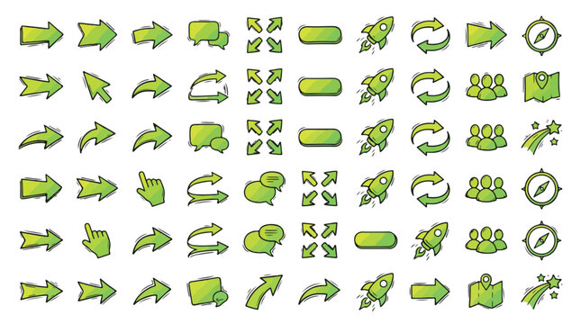 Green Arrow Navigation Icon Set in Hand-Drawn Doodle Style. A collection of arrow linear icons including cursor, rocket, bubble, map, compass, group, refresh, button, star, and more. Vector.