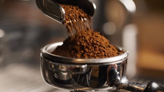 Close-up of freshly ground coffee beans being poured into a portafilter for espresso