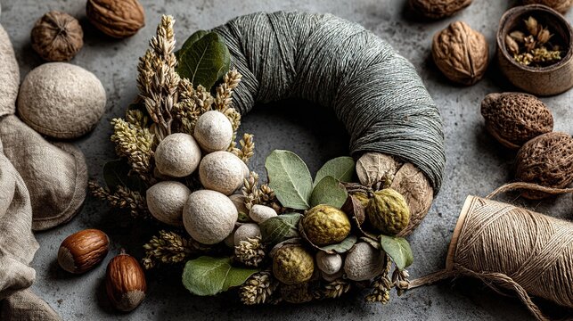 Handmade autumn wreath crafted from natural materials displayed on neutral gray background, cozy seasonal home decor concept. 