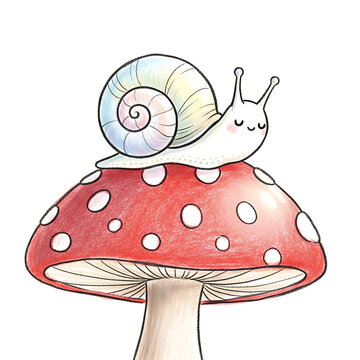 Cute cartoon snail with a rainbow shell sitting on a red mushroom with white spots.