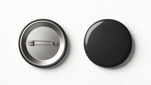 Blank black pinback button badge mockup with front and back view on white background realistic isolated template for graphic design advertising branding marketing promotional
