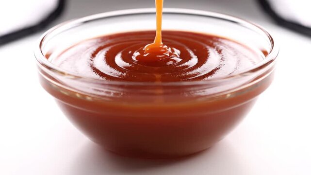 Pouring caramel sauce in bowl.