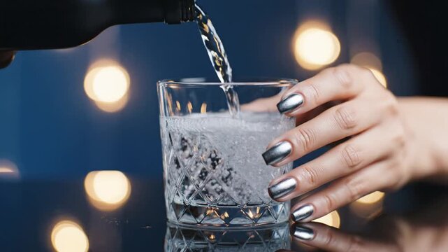 Pouring drink with bokeh lights.