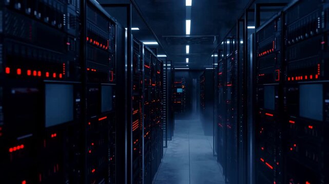 A High-Tech Data Center Corridor Featuring Rows of Red-Illuminated Servers with Visible Graphs, Showcasing Advanced Digital Storage and Processing Technologies