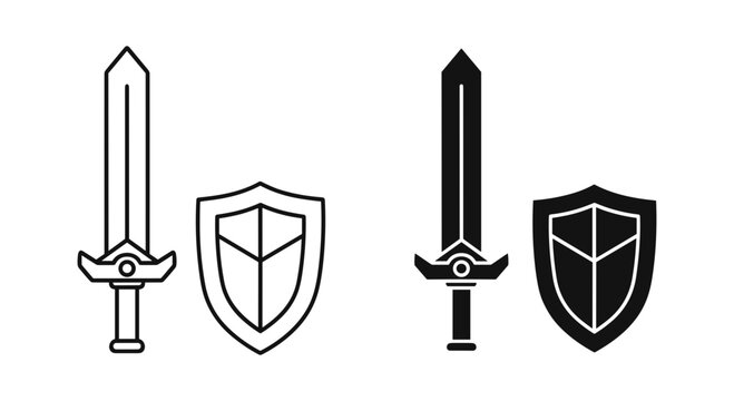 Medieval sword and shield icons, flat vector fantasy weapon set, black and white knight equipment illustrations for gaming and security logos