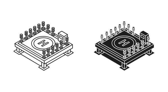 Isometric helipad vector icons, helicopter landing pad with lights and H symbol, black and white line art of aviation infrastructure