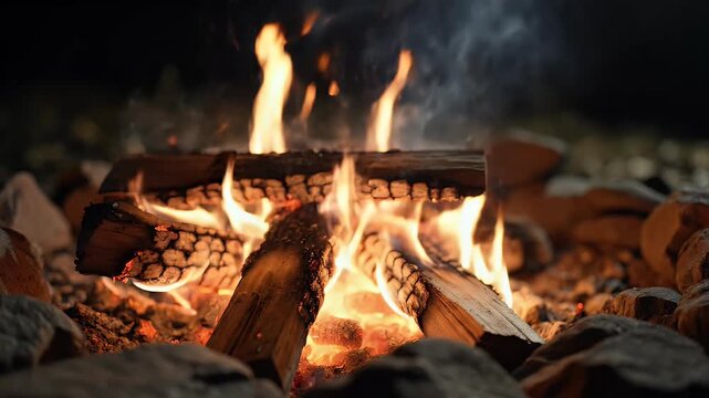 A close-up shot captures the intense heat and flickering flames of a crackling campfire, surrounded by charred logs and glowing embers.