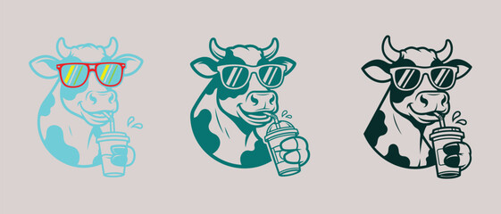 Obraz premium Cool cartoon cow with sunglasses in monochrome line art vector illustration