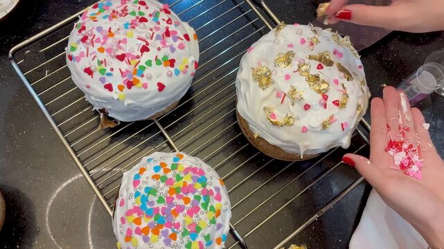 Easter cake decorating top view, traditional paska cakes for Orthodox Easter