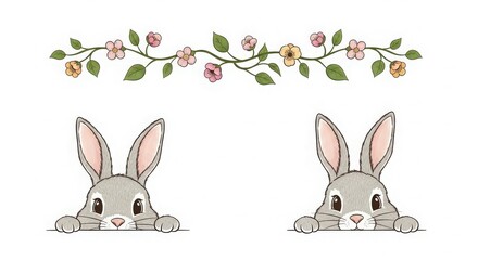 Fototapeta premium Cute cartoon rabbits with floral garland on white background