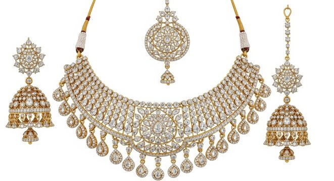 Traditional Indian bridal jewelry set, gold necklace with diamonds and pearls, ornate kundan choker with matching jhumka earrings and maang tikka