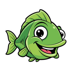 Fototapeta premium Cute Green Cartoon Fish Character with Big Eyes and Smile.