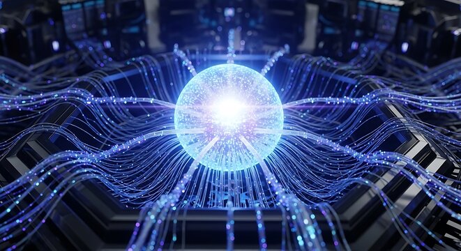 A glowing orb at center radiates power, linked by streams of light within a futuristic tech hub