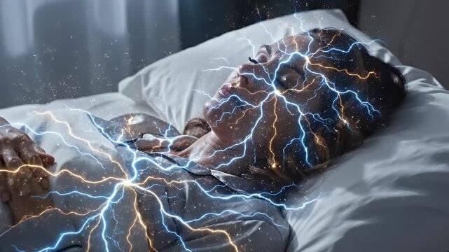 A woman lies asleep in bed, her head illuminated by vibrant, abstract energy patterns suggesting a vivid dream or neurological activity.