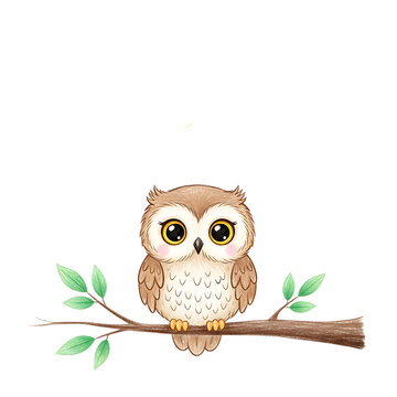 Cute cartoon owl perched on a branch with green leaves, adorable illustration.