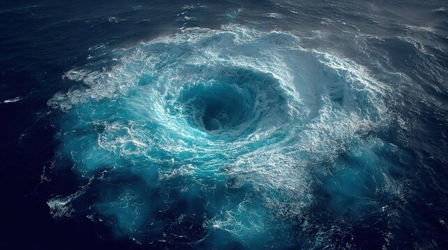 Powerful maelstrom sea whirlpool swirling in the middle of the ocean, massive vortex capable of swallowing a boat