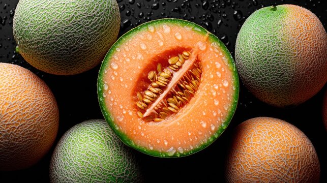 Fresh cantaloupe melons with water droplets on a dark surface.