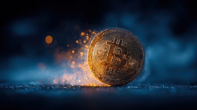 Close-up shot of a golden Bitcoin coin with a luminous glow against a dark background.