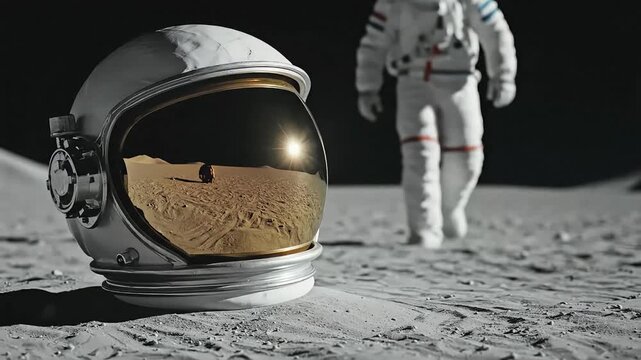 Astronaut's helmet on a desolate lunar surface with a walking astronaut in the background.