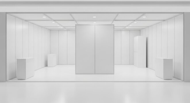 Empty, minimalist white exhibition booth or showroom with clean lines and modern design, featuring central display panels and side pedestals.