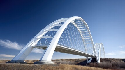 Obraz premium A modern white bridge arches gracefully against a clear blue sky.
