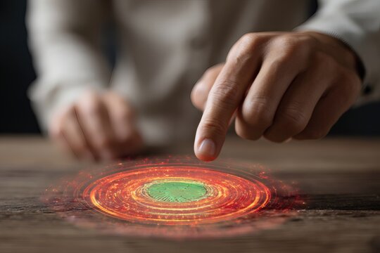 Extreme close-up POV of a hand performing mid-air pinch gesture over a glowing biometric holographic authorization seal.