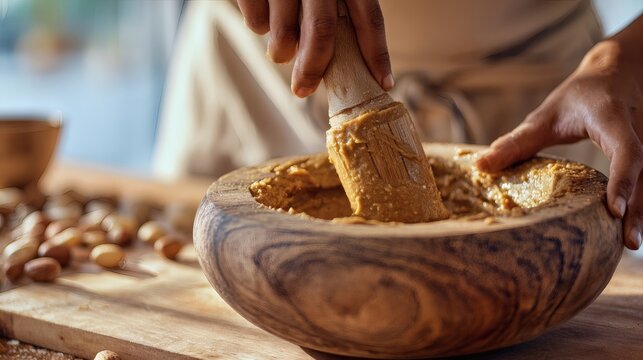 Macro POV of hands using a wooden pestle to crush roasted nuts into creamy butter in an olive wood mortar.